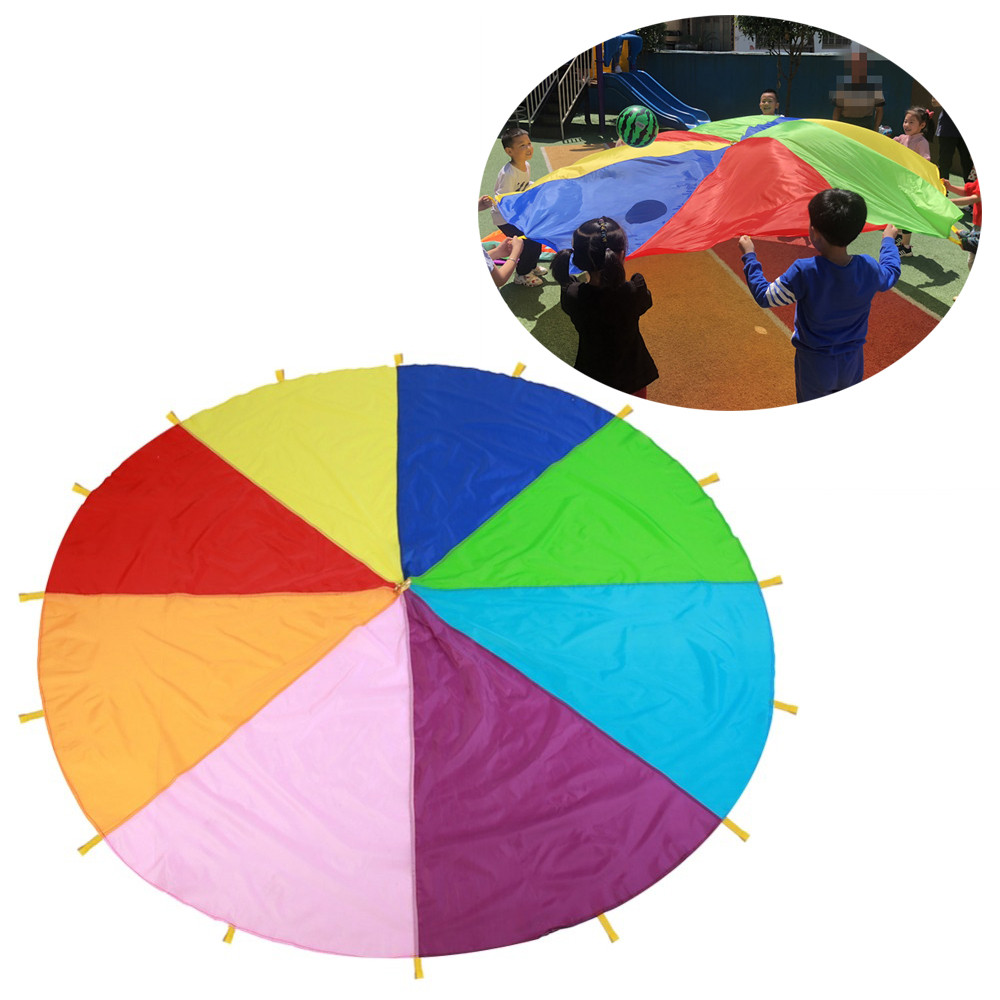 Paraguas de arcoíris para acampar al aire libre para múltiples personas, juguete de paracaídas, saco de salto, juego interactivo de trabajo en equipo, juguete para niños Gif