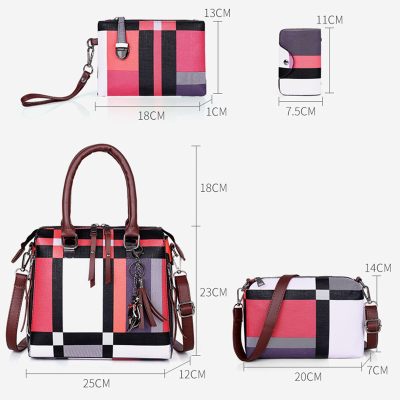 Gradosoo Plaid Patroon Handtassen 4 Sets Vrouwen Lederen Portemonnee en Handtas Bag Vrouwelijke Kwastje Schoudertas Vrouwen Crossbody Tas LBF651