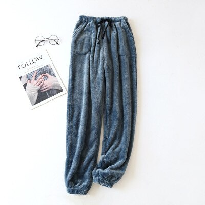Winter Sleeping Trousers Flannel Fleece Warm Sleep Bottoms Solid Color Pants Casual Lounge Pants With Pockets: Blue / XL