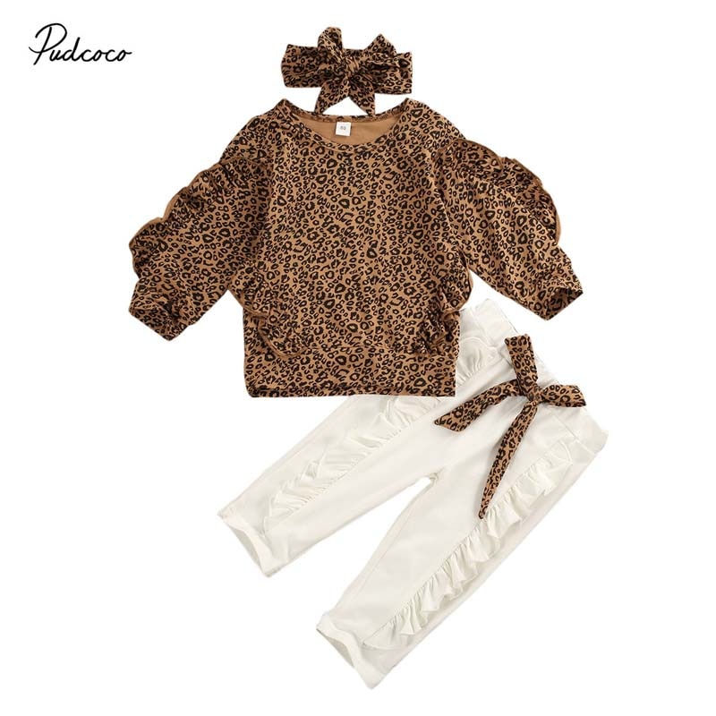 Baby lente herfst kleding kind baby meisjes kleding ruches luipaard lange mouwen shirt tops leggings broeken outfit set trainingspak