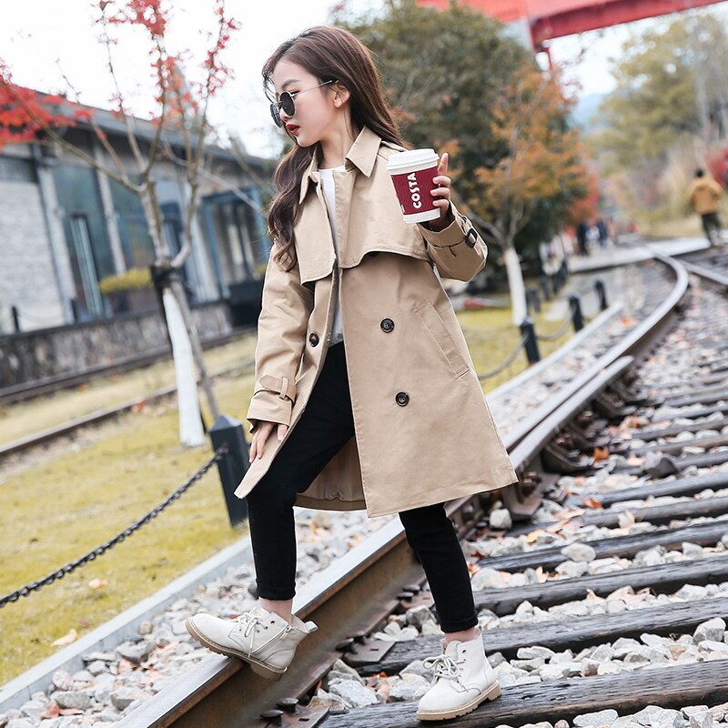 Tyttöjen tuulitakki takit syksy lapset puuvilla trenssi kaksirivinen rento päällysvaatteet modis kids trench