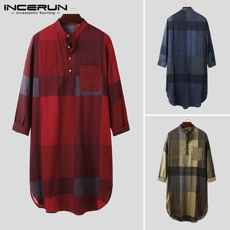 Man Mode Plaid Slaap Gewaden Gezellige Knoppen Nachtkleding Incerun Mannen Lange Mouw O Hals Nachtkleding Losse Katoenen Zakken Nachtjapon 5XL