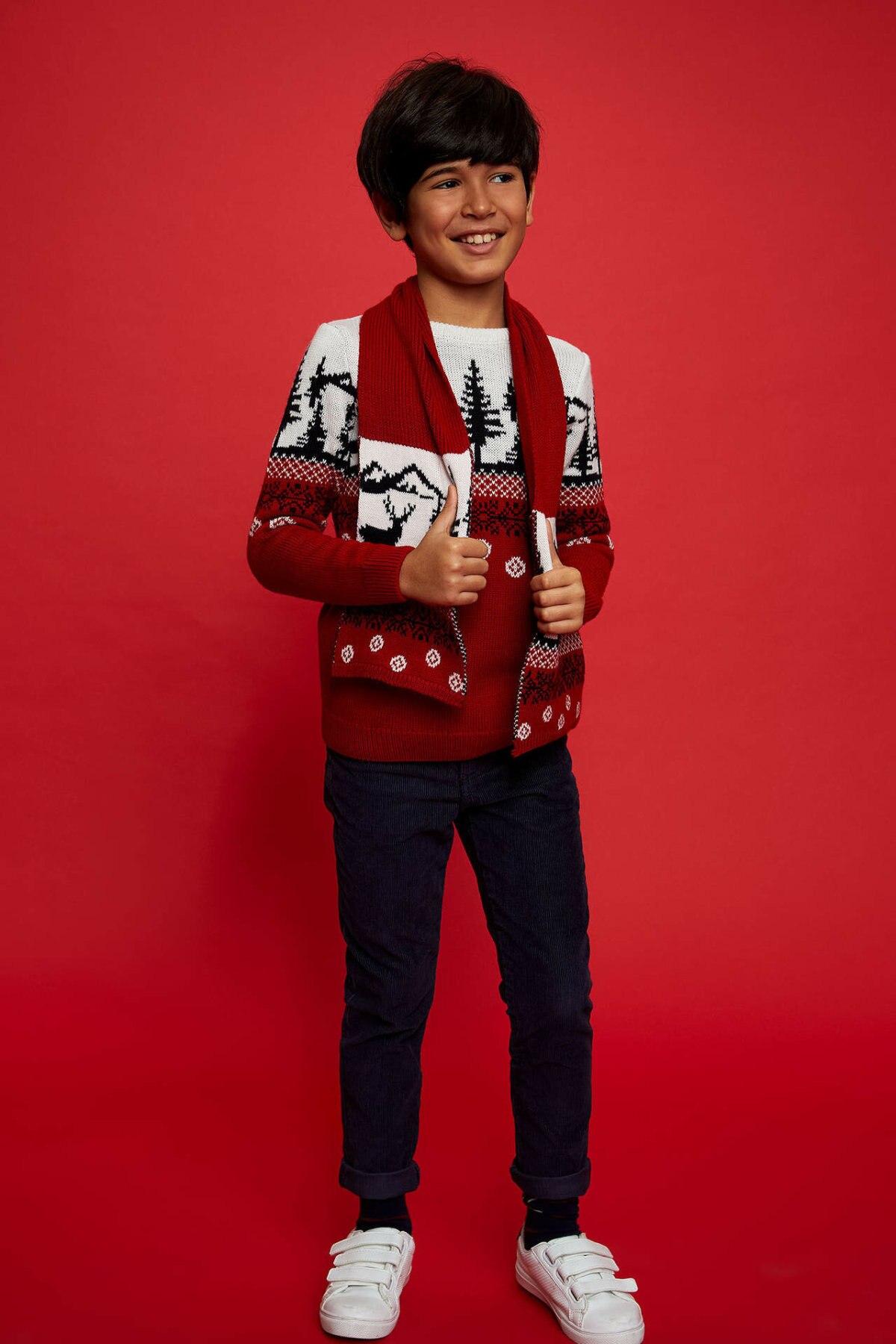 Defacto Jongen Winter Xmas Gebreide Rode Truien Jongens Toevallige Lange Mouw Trui Tops Kids Kerst Herten Print Pullover-L8432A619CW