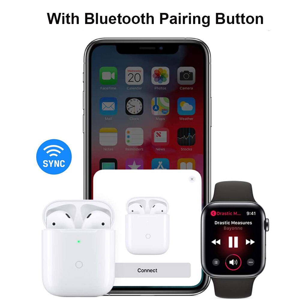 Charging Case Replacement For Airpods 1&2 Qi Wireless Charging Box For Airpods 450mAh Charger with Bluetooth Pairing Sync Button