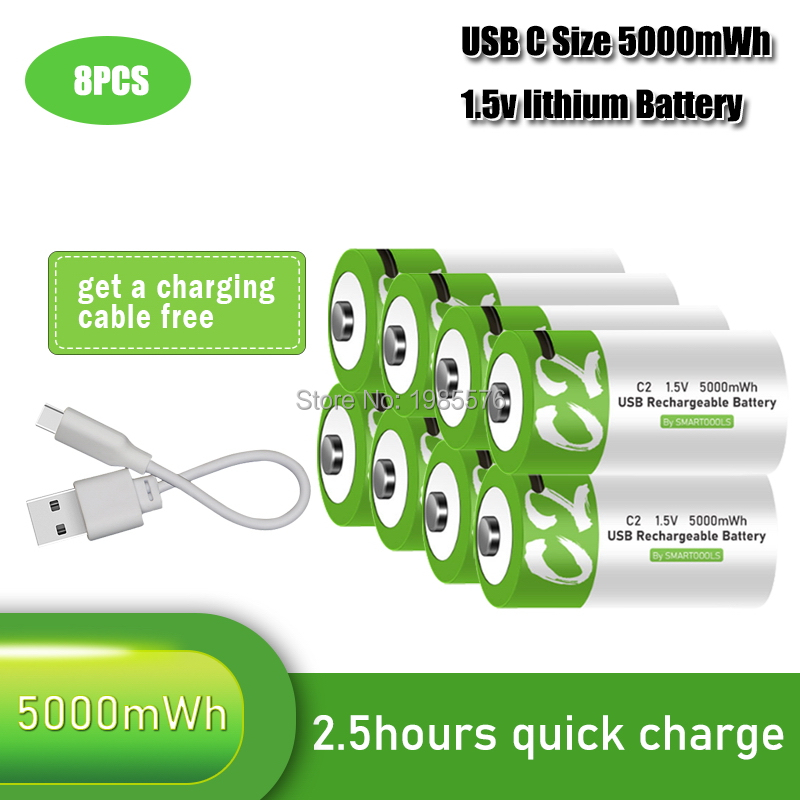 Baterías de carga Micro USB universales, 1,5 V, 5000mWh, batería recargable de tamaño C, polímero de litio Lipo, 5V, 2A