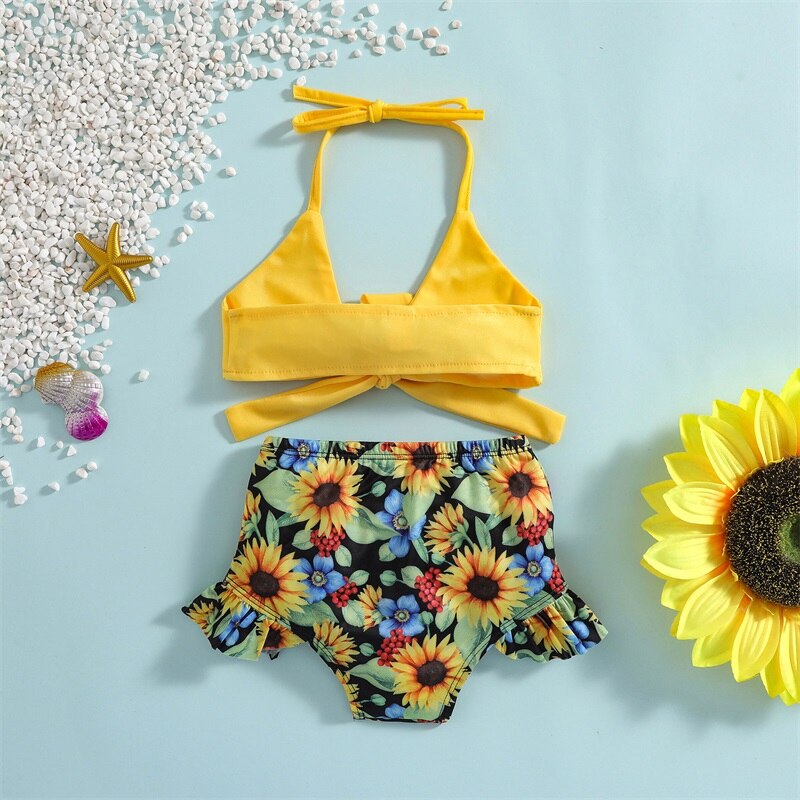 1-5Y Girls Swimwear Kids Bikini Sets 2022 Summer Halter Bowknot Floral Ruffle Two Piece Swimsuit Baby Bathing Suits Beachwear