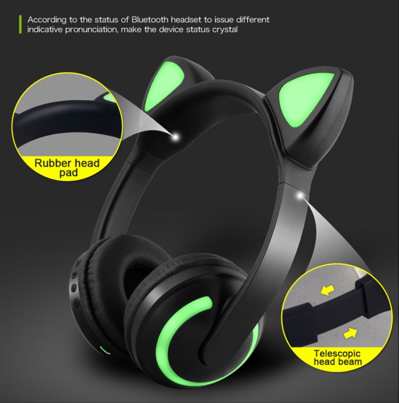 Cute Bluetooth Stereo Cat Ear Headphones Flashing Glowing cat ear headphones Gaming Headset Earphone 7 Colors LED light