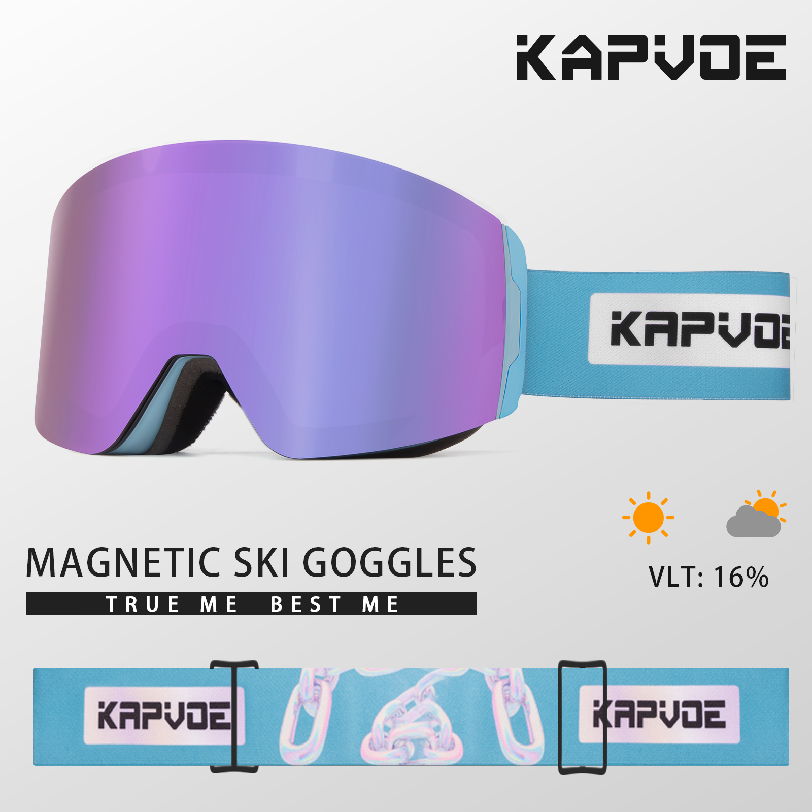 Kapvoe meekleurende skibril met magnetische anticondensglazen, beschermingsfactor  uv400, skibril voor dames en heren, wintersportbril.: Diepblauw