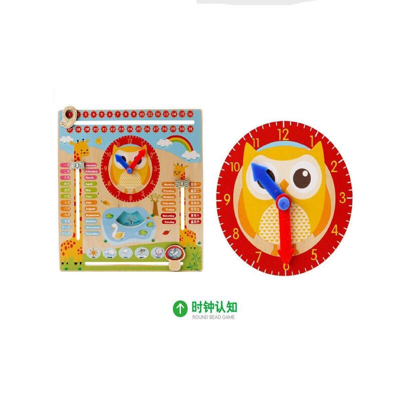 Børn trælegetøj børn tidligt læring udviklingsmultifunktionelt træhængende ur inklusive kalenderur