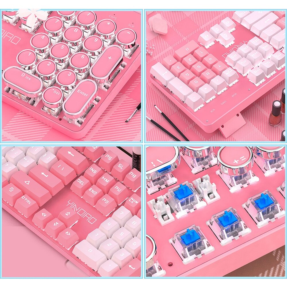Juegos de teclado y ratón para chica, Teclado mecánico con cable para ordenador de escritorio, color rosa, Punk