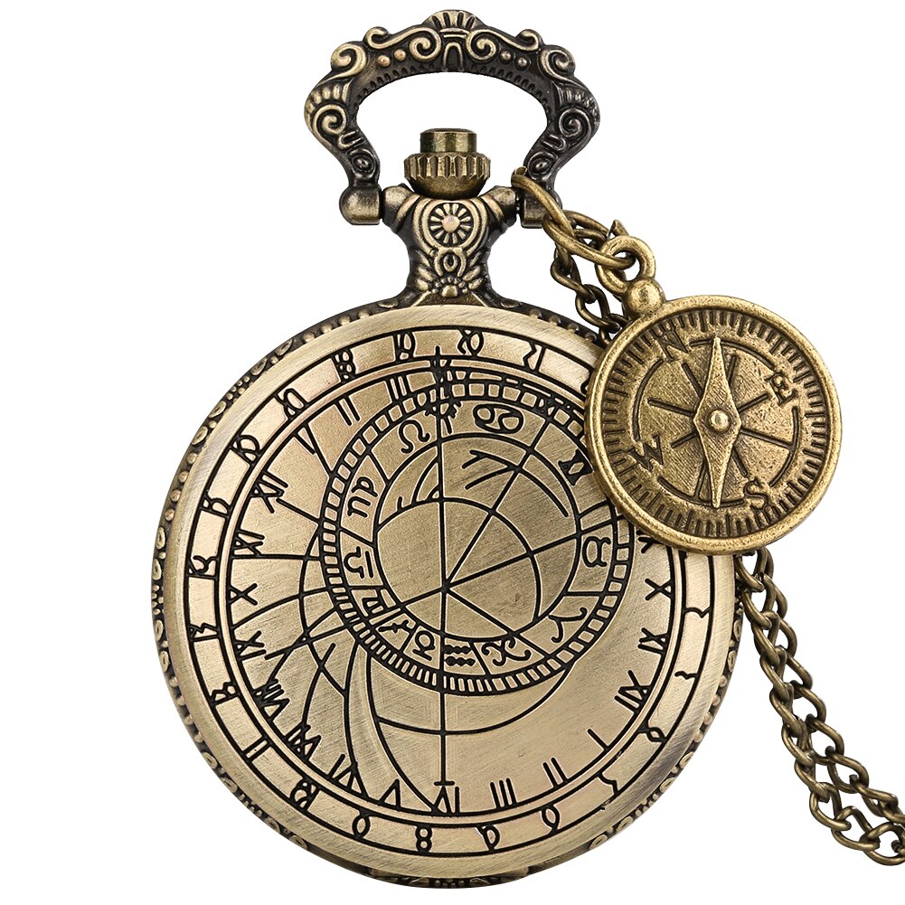 Unisex Antique Astrology Compass Pocket Watch Quartz Retro Bronze Necklace Fob Clock with Chain Compass Accessory Man Women: Style-1