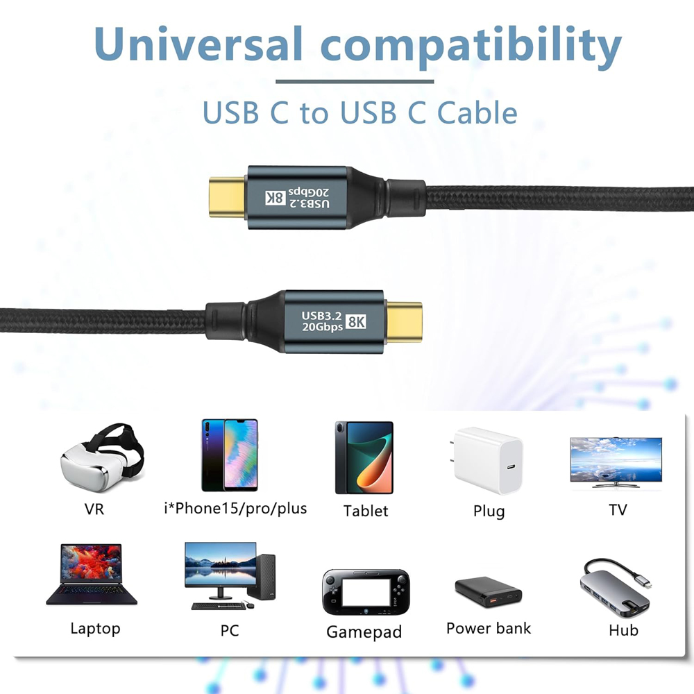 Cordon de données vidéo USB 3.2 type-c Gen2 20Gbps 8K @ 60Hz pour TV PC ordinateur portable, câble USB C PD 100W pour Macbook iPad iPhone 15 Pro Max