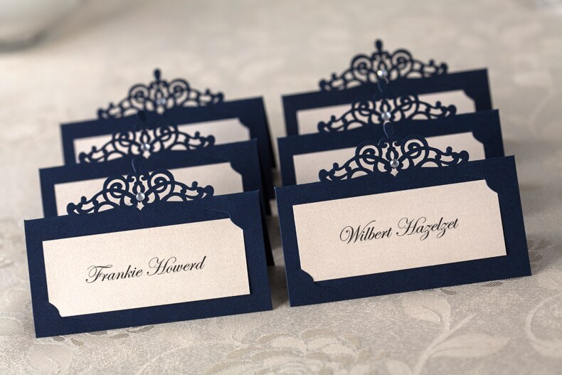 Portatarjetas de lugar azul marino, centro de mesa, configuración de nombre y número, decoración para banquete de boda, tarjetas e invitaciones para eventos y fiestas