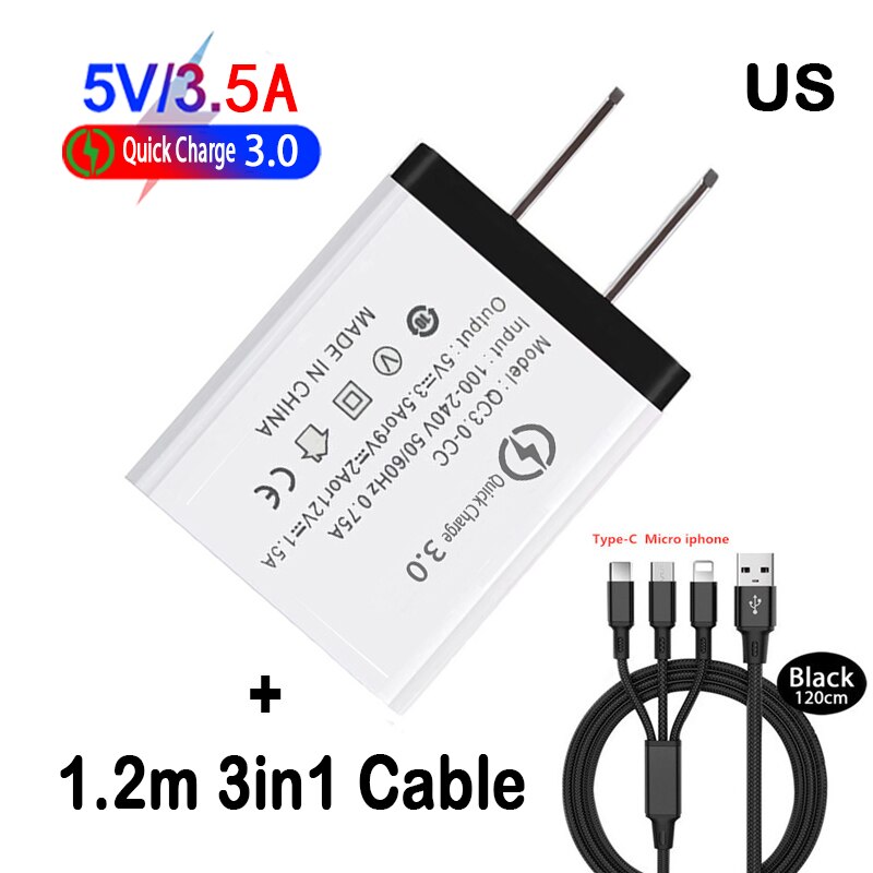 18W US EU Portable Mobile Phone Charger QC 3.0 Fast Charger Adapte For iphone Samsung Huawei Xiaomi: US 3in1 Cable Black