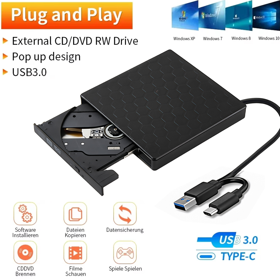 Externes DVD-RW-Laufwerk, USB 3.0 und Typ C, schlanker CD-Brenner, Brenner, Leser, Player, optische Laufwerke für Laptop, PC, DVD-Brenner, DVD-Portatil