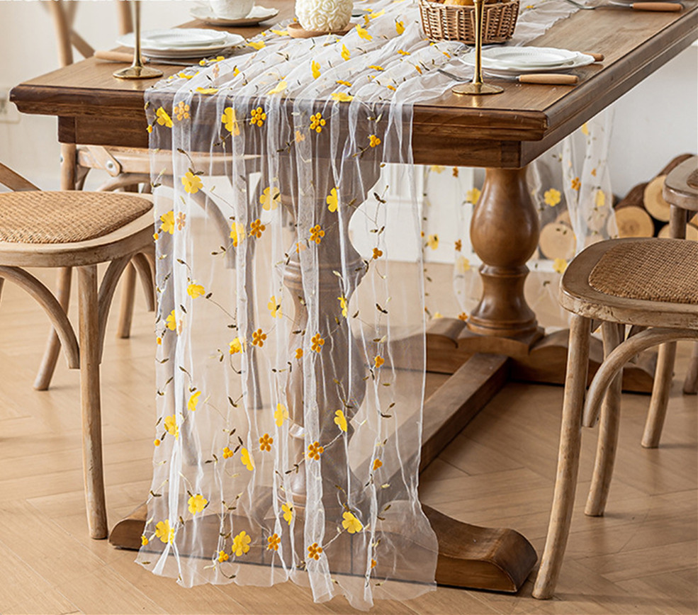 Broderi prästkrage sommar bordslöpare gasväv vårblommor blomma tyll födelsedag bröllopsfest hem matbordsdekor: 30*220cm / Silver-