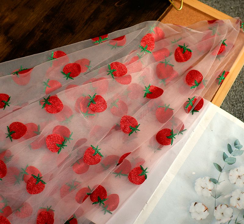 Bronzing trykning stof stempling trykning blonder stof, rød jordbær tyl mesh blonder 5 farver på lager populær