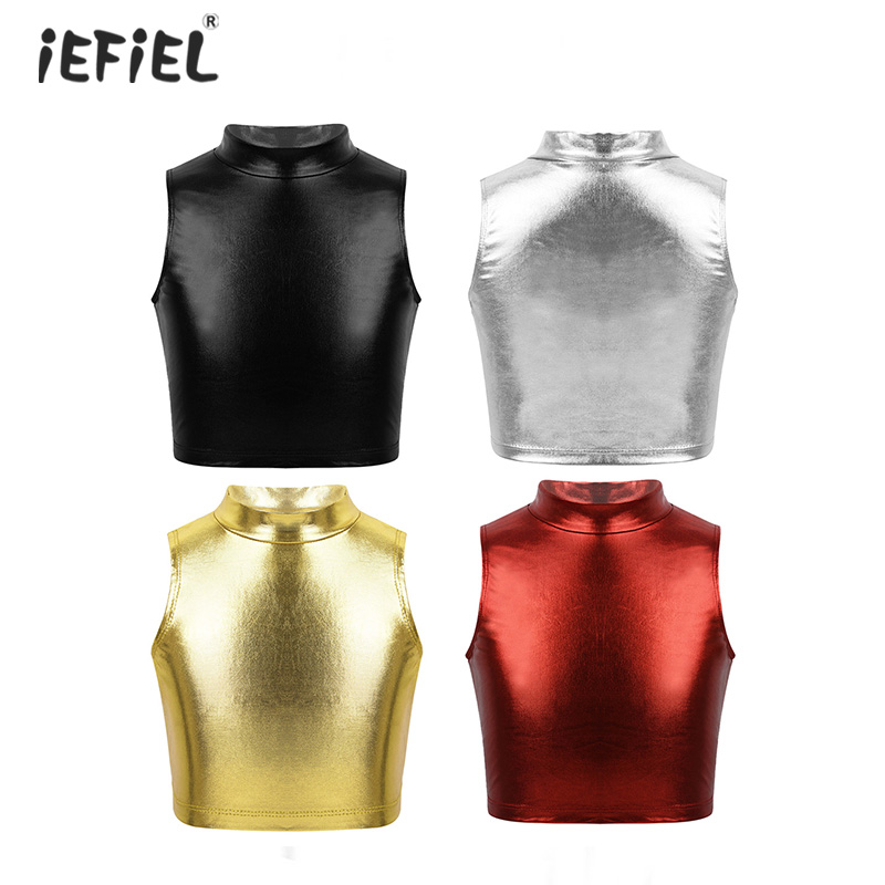 Iefiel pvc couro brilhante metálico rave outfit ballet dança palco desempenho colheita topo crianças meninas sem mangas gola alta tanque topos