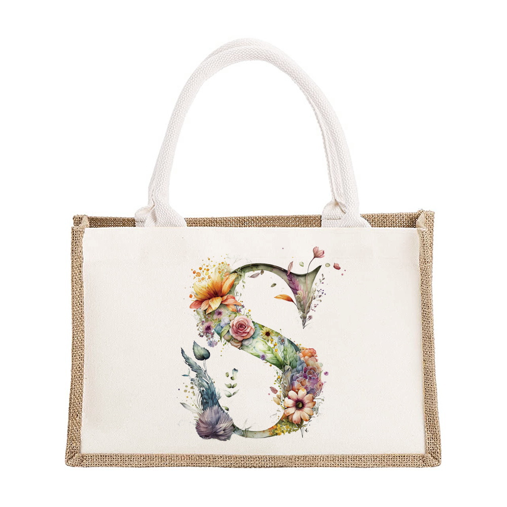 Sac à bandoulière en lin de grande capacité, sac de Shopping pour femmes, motif imprimé de lettres florales, sac d'imitation de Jute: Rose