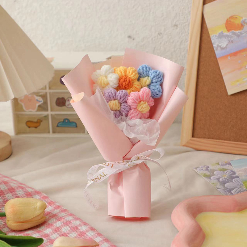 Mini buquê de flores de tricô feito à mão, buquê de flores de crochê com acabamento, caixa de presente para festa de casamento, acompanha buquê pequeno: Marinha