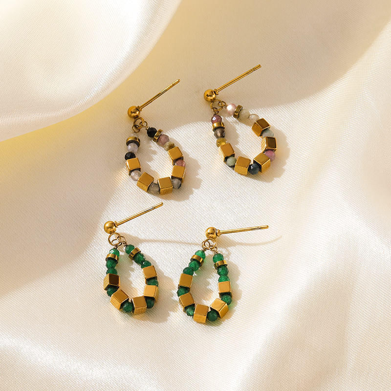 Eilieck 316l Roestvrij Staal Blokjes Groene En Paarse Kraal Oorbellen Voor Vrouwen Mode Meisjes Lichaam Sieraden Feest Cadeau Bijoux Femmes