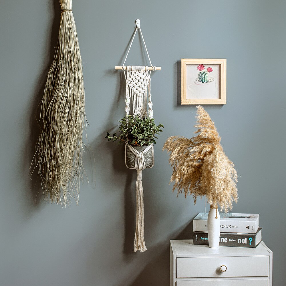 Tapiz de plantas de macramé bohemio, decoración de pared para sala de colgar, decoración de pared colgante, decoración de granja, cuerda de pared, tapices de plantas