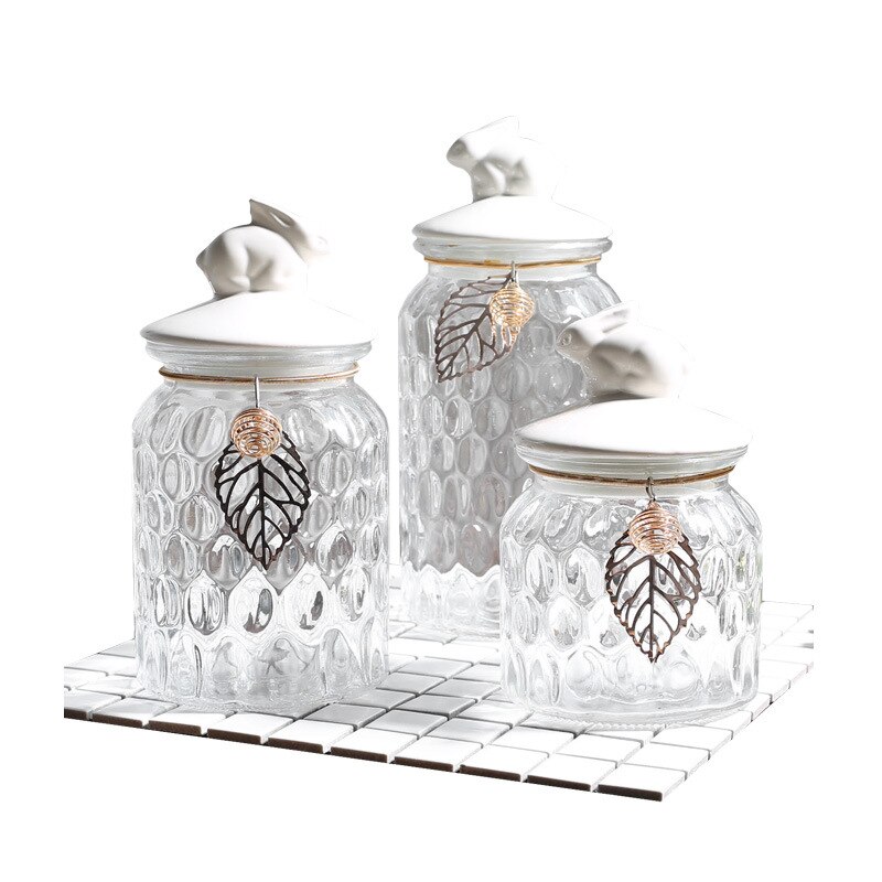 Suiker Blikjes Europese Glazen Snoep Opslag Jar Keramische Konijn Cover Crystal Opslagtank Decoratie Ornamenten Keuken Crystal Jar