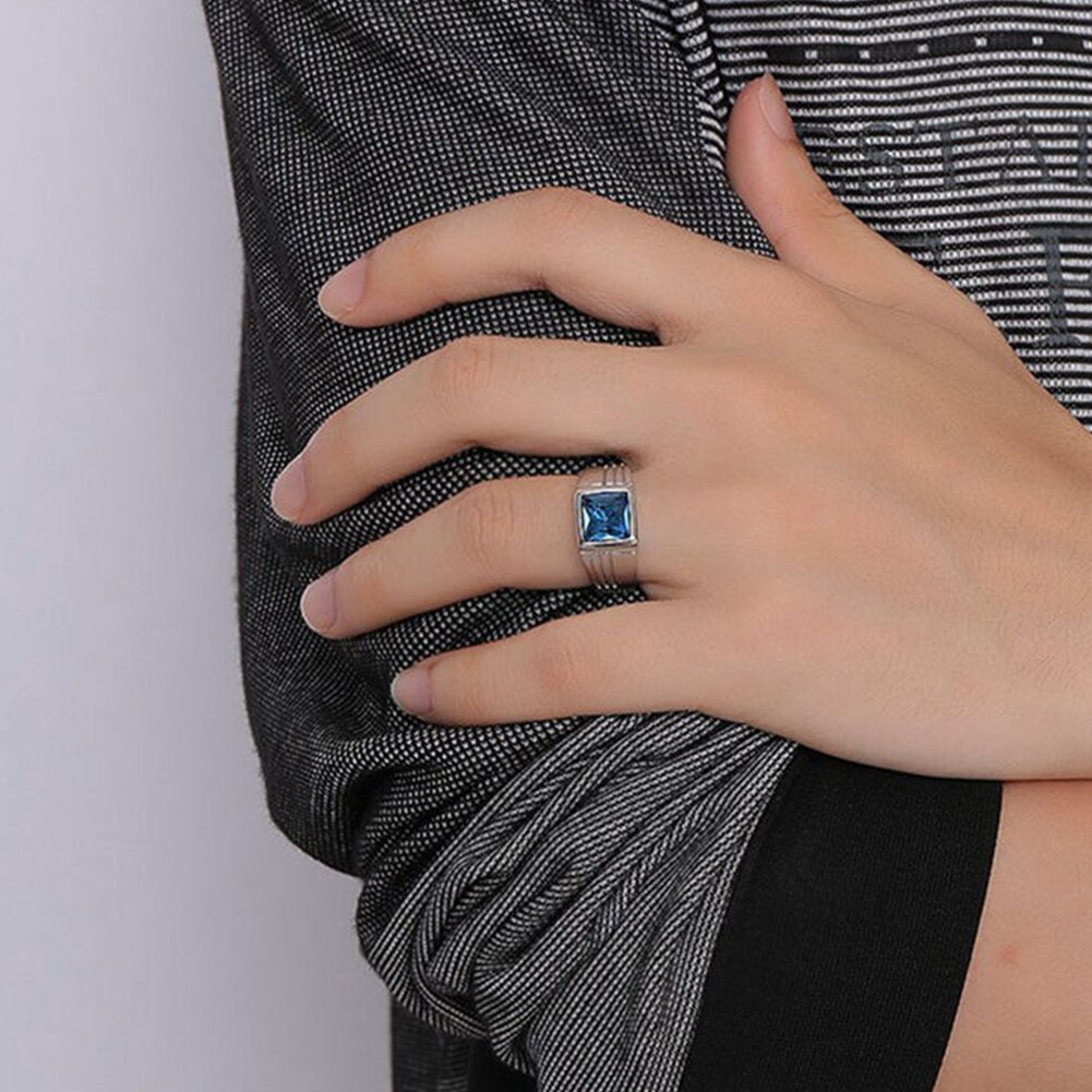 Men's Gorgeous Blue Square Rhinestone Wide Wedding Band Finger Ring Size