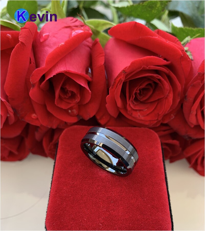 Bague classique en carbure de tungstène noir, bague de mariage, 8MM, finition brossée Center rainuré confortable
