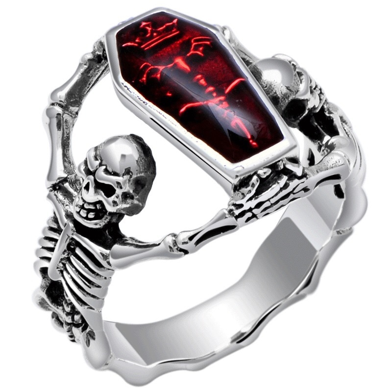 Vintage Punk Stijl Grim Reaper Schedel Doodskist Ring Voor Mannen Halloween Mannen Ringen