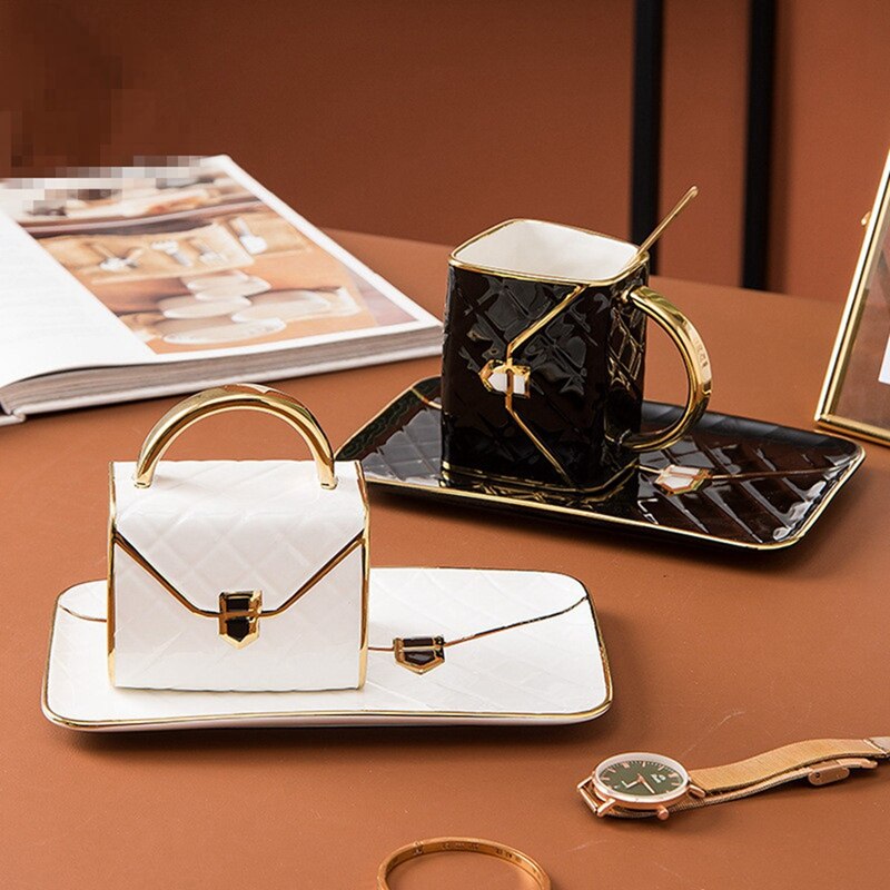Gold-Painted Coffee Cup and Saucer Set Bag Modeling Ceramic Saucer Mug Cup Coffee Cups Originality