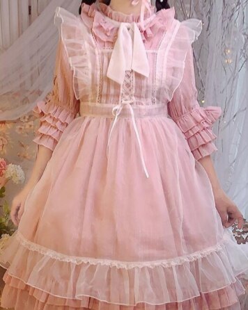 Vestido pirita rosa vintage feminino, renda laço laço vestido vitoriano kawaii menina gótico pirita op palace doce princesa vestido loli cos: only smock / L