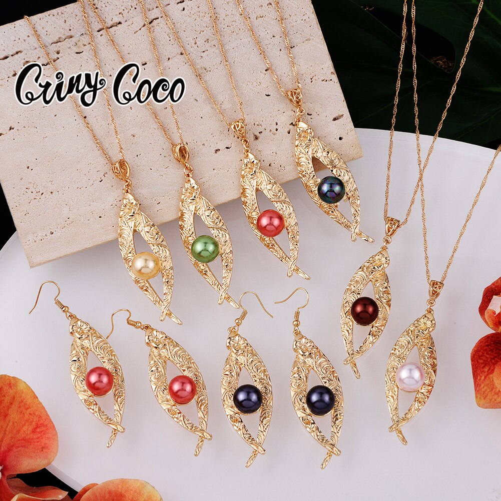 Cring Coco Earrings Necklace Set Hawaiian Polynesian Samoa Gold Colorful Pearl Pendant Necklace Jewelry Set for Women Girls