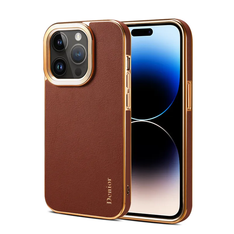 Eucagr Luxus Echt ledertasche für iPhone 15 Pro Max stoß feste Silikon Handy hülle für iPhone 15 14 13 12 Pro Max Plus: Microfiber / Brown