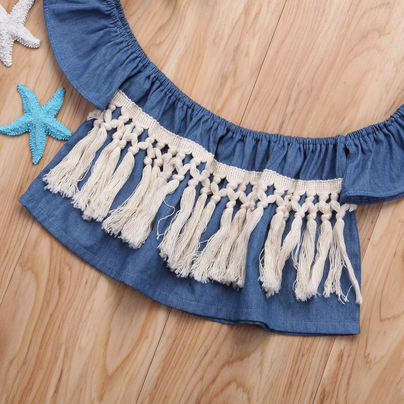 Newborn Kids Baby Gilrs Denim Off Shoulder Blouse Summer Toddler Infant Girl Patchwork Tassel Brief Blouses Top