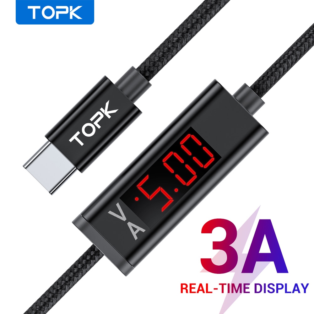Topk 3a usb tipo c cabo de carregamento rápido display digital micro cabo usb para samsung s8 s9 xiaomi telefone móvel USB-C carregador cabo