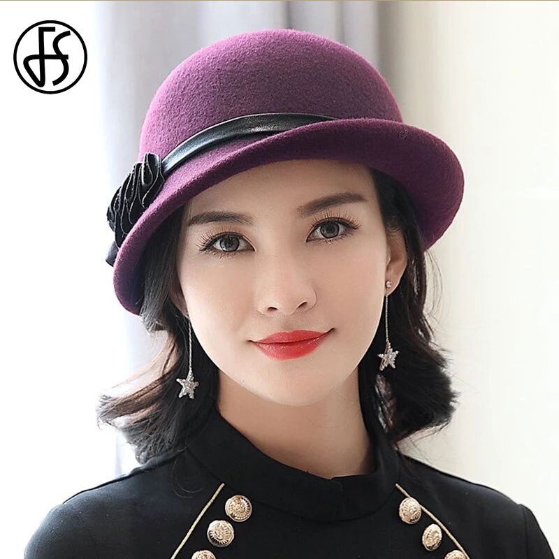 FS 100% Australian Wool Hat Women Lady Autumn Winter Chic Irregular Brim Fedora Hats Black Woman Party Formal Top Felt Caps: wine red