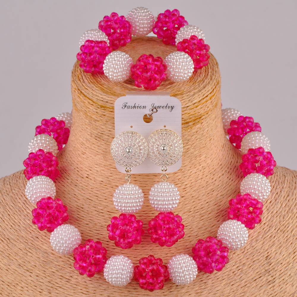 Royal Blue and Yelow African Beads Jewelry Set: White Fuchsia Pink