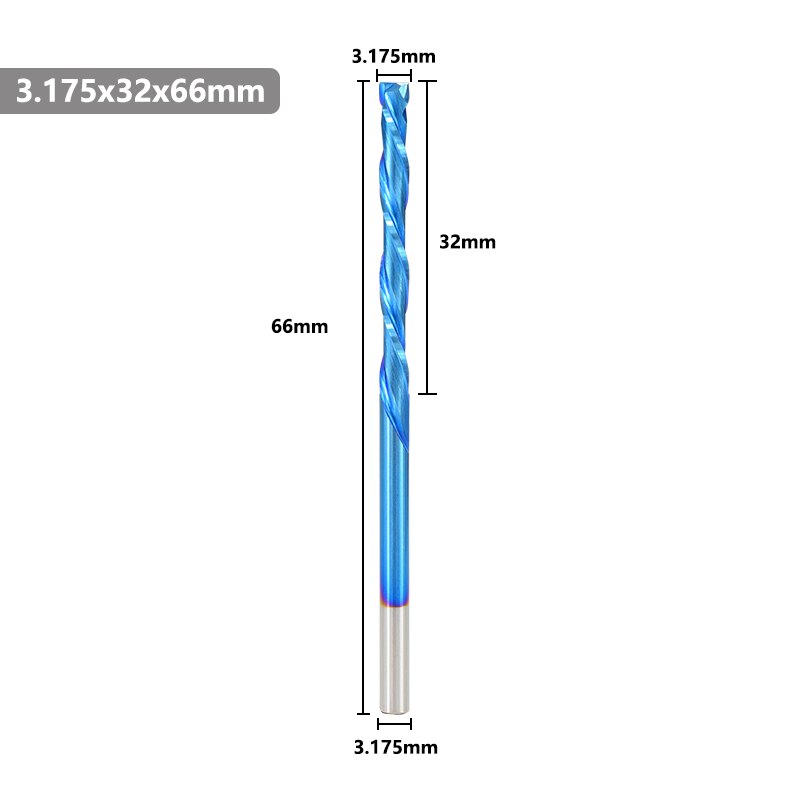 Up Down Cutter 2 Flute End Mill Nano Blue Coating 3.175mm Shank Spiral Router Bit For Compression Tool Tungsten Carbide Cutter: 3.175x32x66