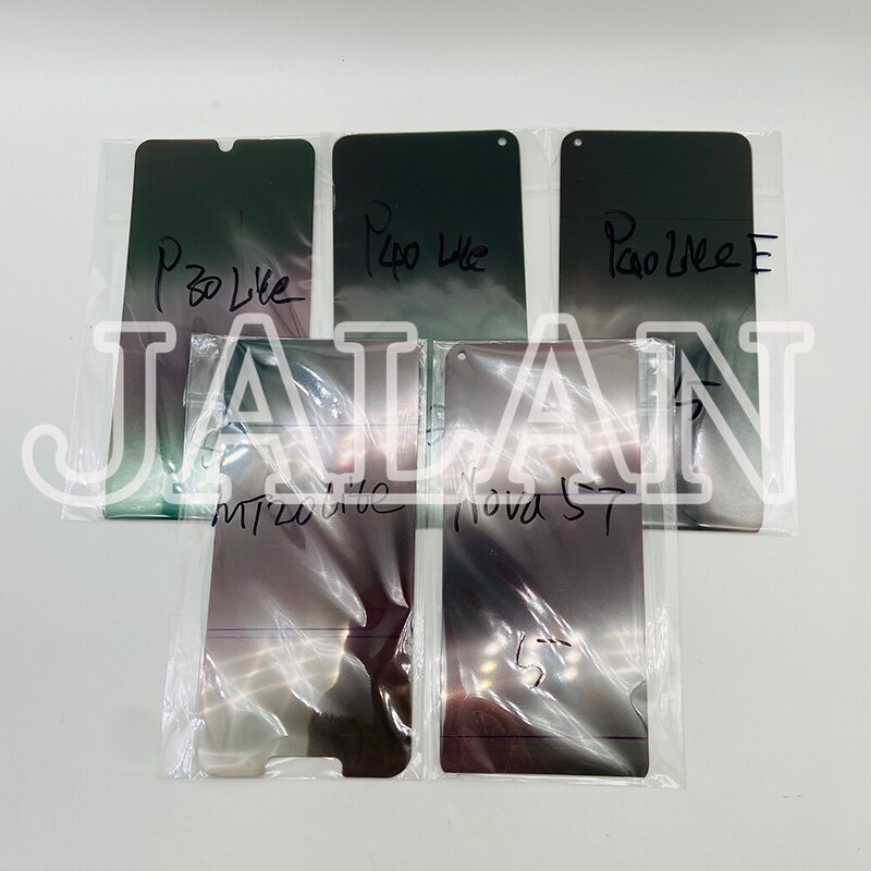 10 stk/pose lcd polarisator film for huawei  p40 lite e / p30 lite/ mate 20 lite/ nova 5t p20 p10 lite polarisator klistremerke reparasjon