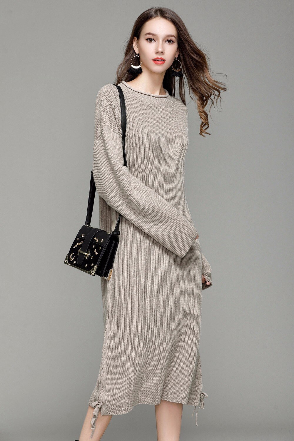 Autumn Winter Women Knitted Dress O Neck Long Sleeeve Patchwork Solid Loose Sweater Dress Vestidos de invierno