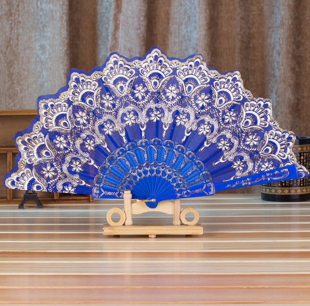 Kinesisk / spansk stil dans bryllupsfest blonder silke folde håndholdt blomstervifte: Blå