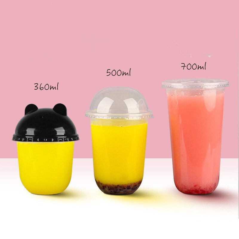 50Pcs Netto Rode U-vorm Leuke Plastic Cups Verjaardagsfeestje Gunsten Sap Drinken Bubble Thee Koffie Cup Pudding Dessert cup Met Deksel