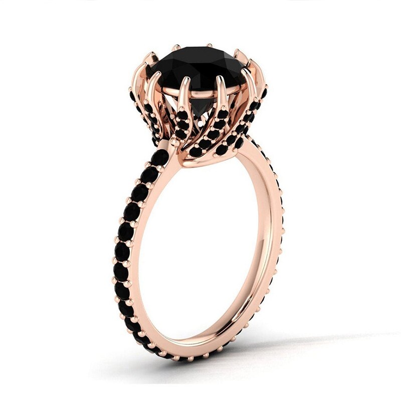 Elegante Rose Gouden Ringen Ronde Zwarte Zirconia Crystal Ringen Voor Vrouwen Engagement Sieraden Party Wedding Band