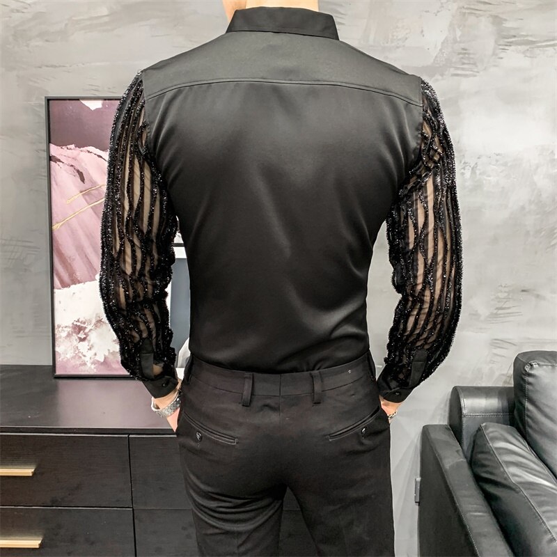 Spring Korean Sexy Lace Spliced Shirts Men Clothing Perspective Long Sleeve Simple Night Club/Prom Tuxedo 3XL-M