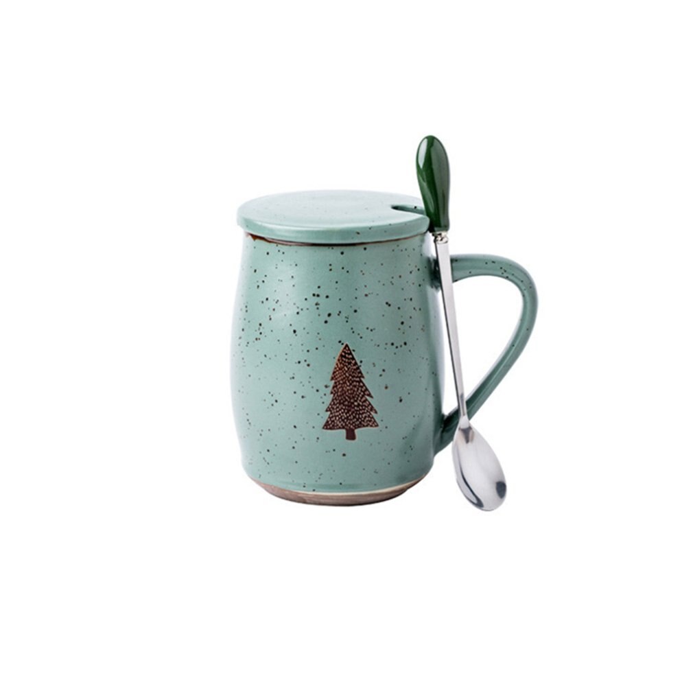 Tazza da caffè nordica con coperchio tazze in ceramica da 500ml tazze da albero per cartoni animati con cucchiaio tazza da caffè al latte regali di novità: verde