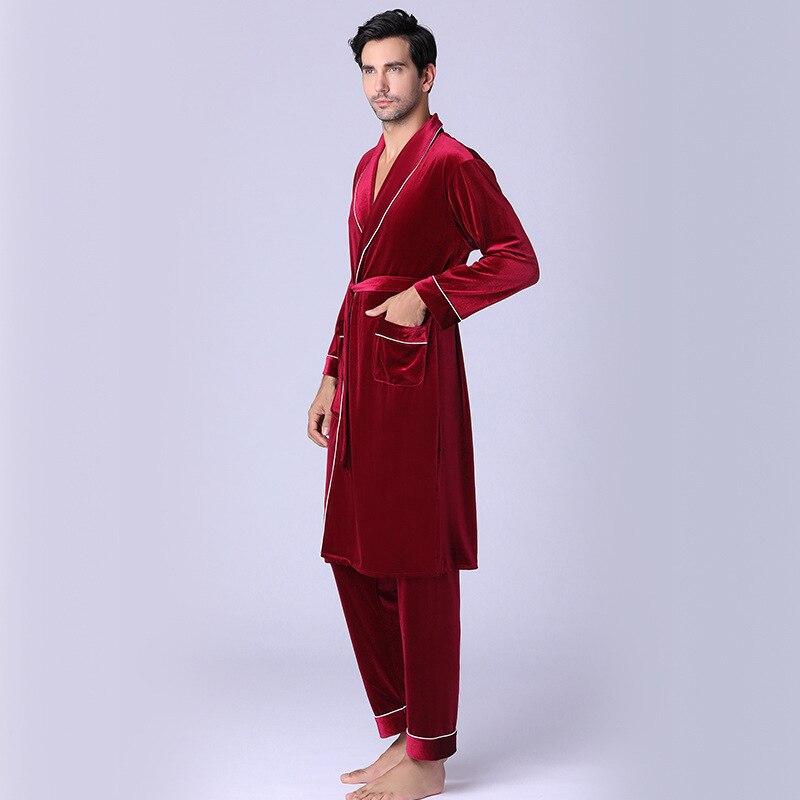 Zijde Pyjamabroek Slapen Jurk Mannen Szata Zestawy Robe De Chambre Homme Gouden Fluwelen Herfst En Winter Nachtjapon Broek