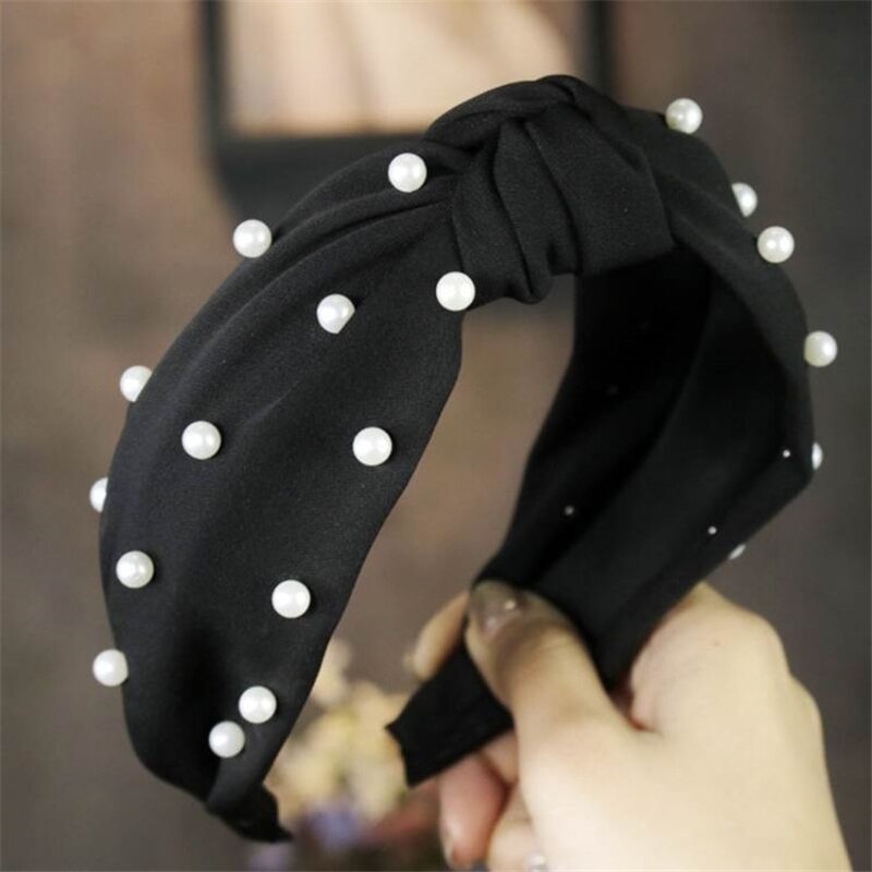 Satin Fabric Pearl Beading Hair Band For Women Girls Bow Knot Hair Accessories Headwear: Black pearl