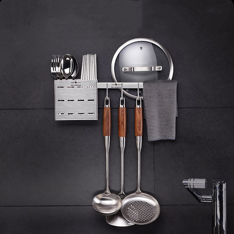 Barra colgante de Cocina 3 en 1 de acero inoxidable montada en la pared con 6 ganchos y caja de almacenamiento de cubiertos organizador de cocina contenedor herramientas