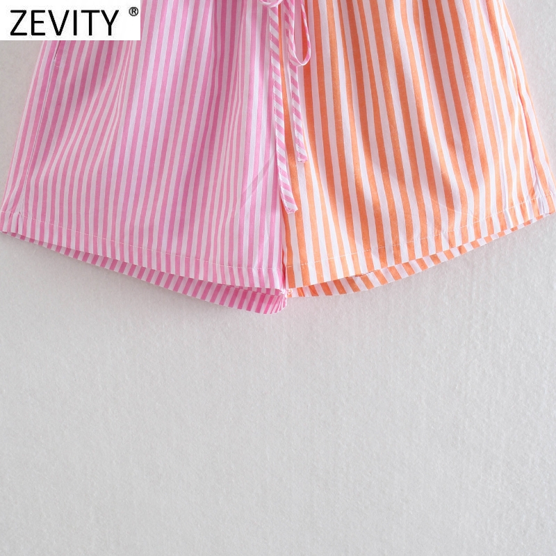 Zevity vrouwen mode patchwork gestreepte print casual bermuda shorts dames chique elastische taille zomer pantalone cortos p1086